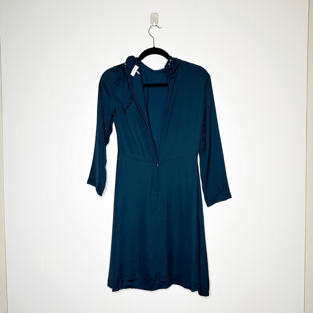 NEW Sandro Studded Bow Collar Dress Silk Blend Women's Teal Size 38 - Picture 4 of 7